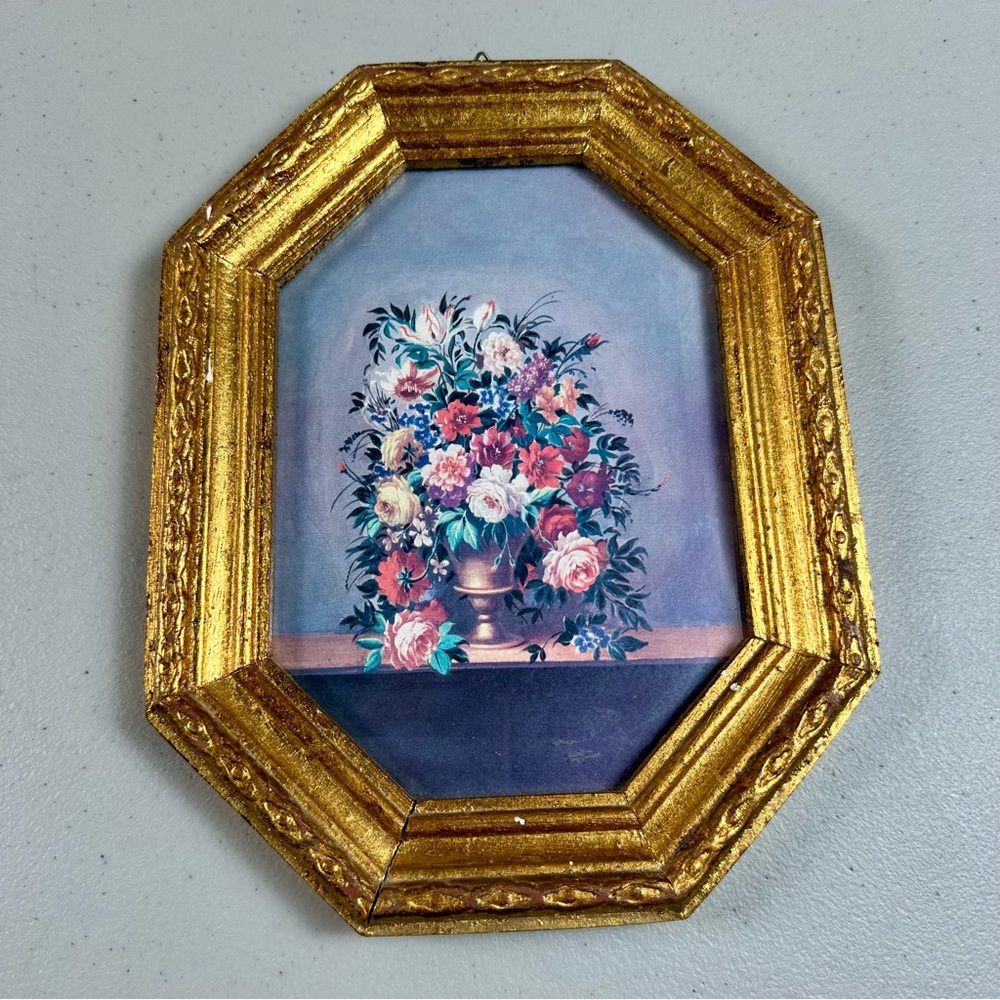 Vintage Floral Italian Florentine Gilded Gold leaf Framed Octagon Wall Art 9”